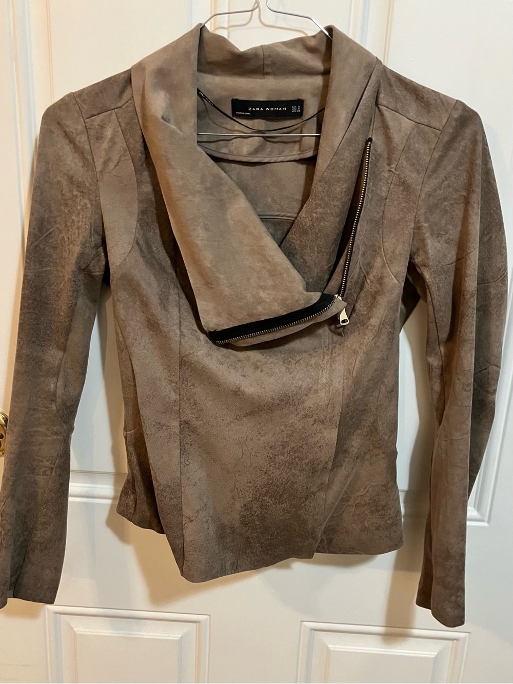 Zara Woman Faux Suede Asymmetrical Moto Jacket Taupe Gray Size Small